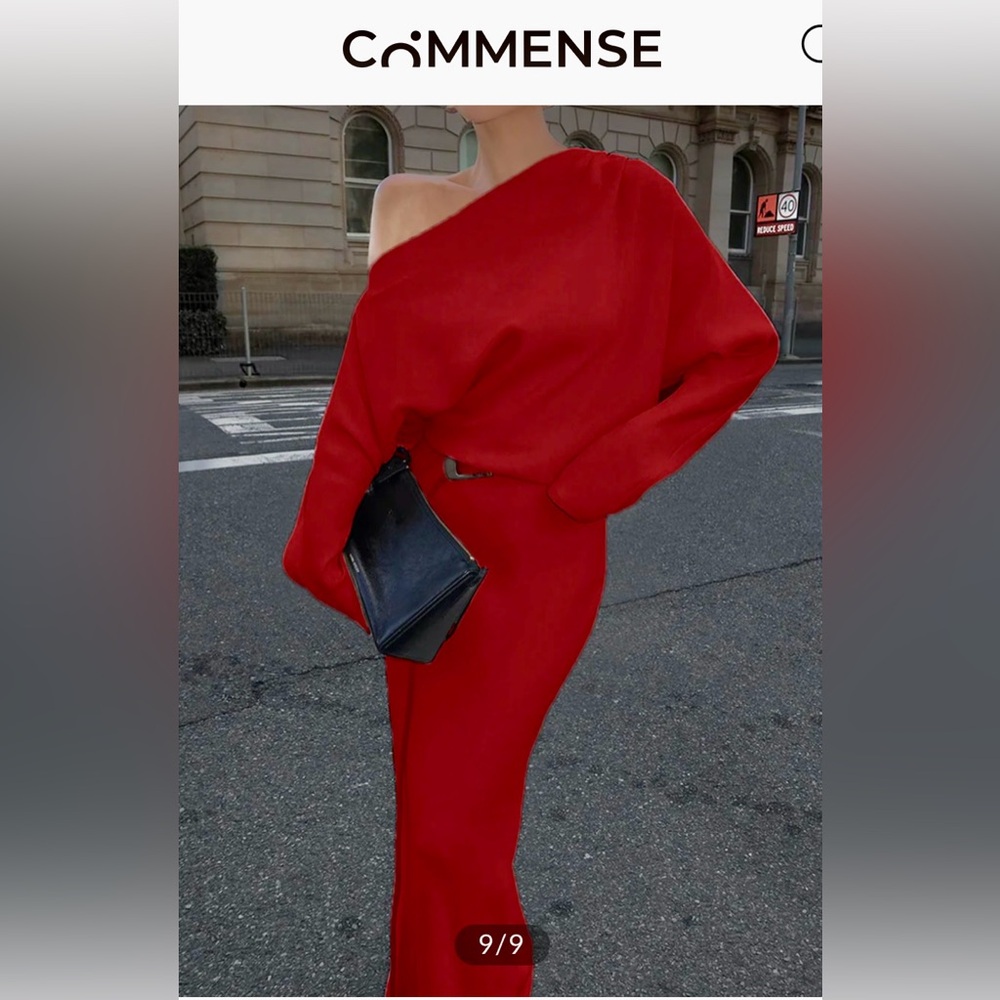 Commense Asymmetrical Off Shoulder Solid Long Sleeve Maxi Dress